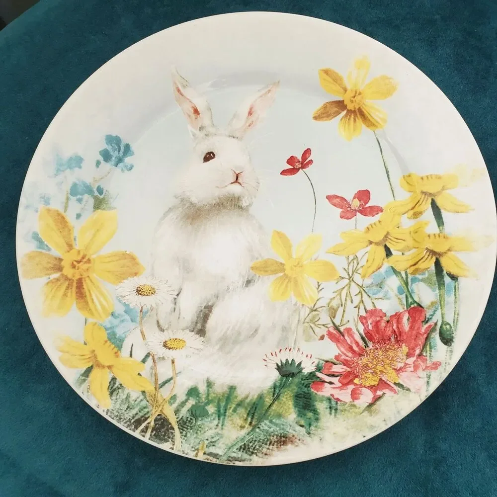Pottery Barn Hilltop Garden Salad Plate White Bunny Spring Floral Print 8.5